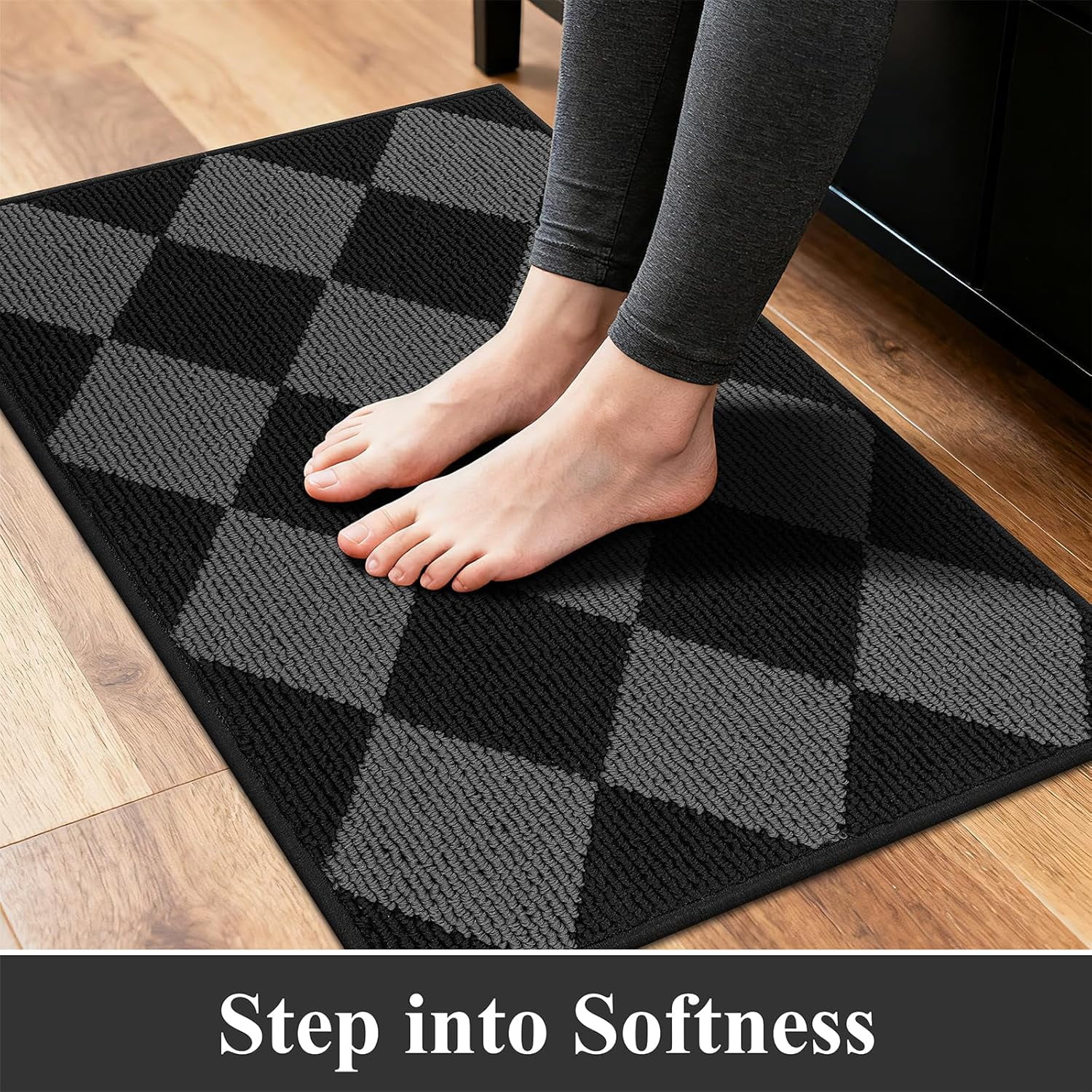 MeyJey Diamond Plaid Kitchen Rugs Sets of 3, Non Slip Kitchen Floor Mats Washable Kitchen Rug, Black Gray