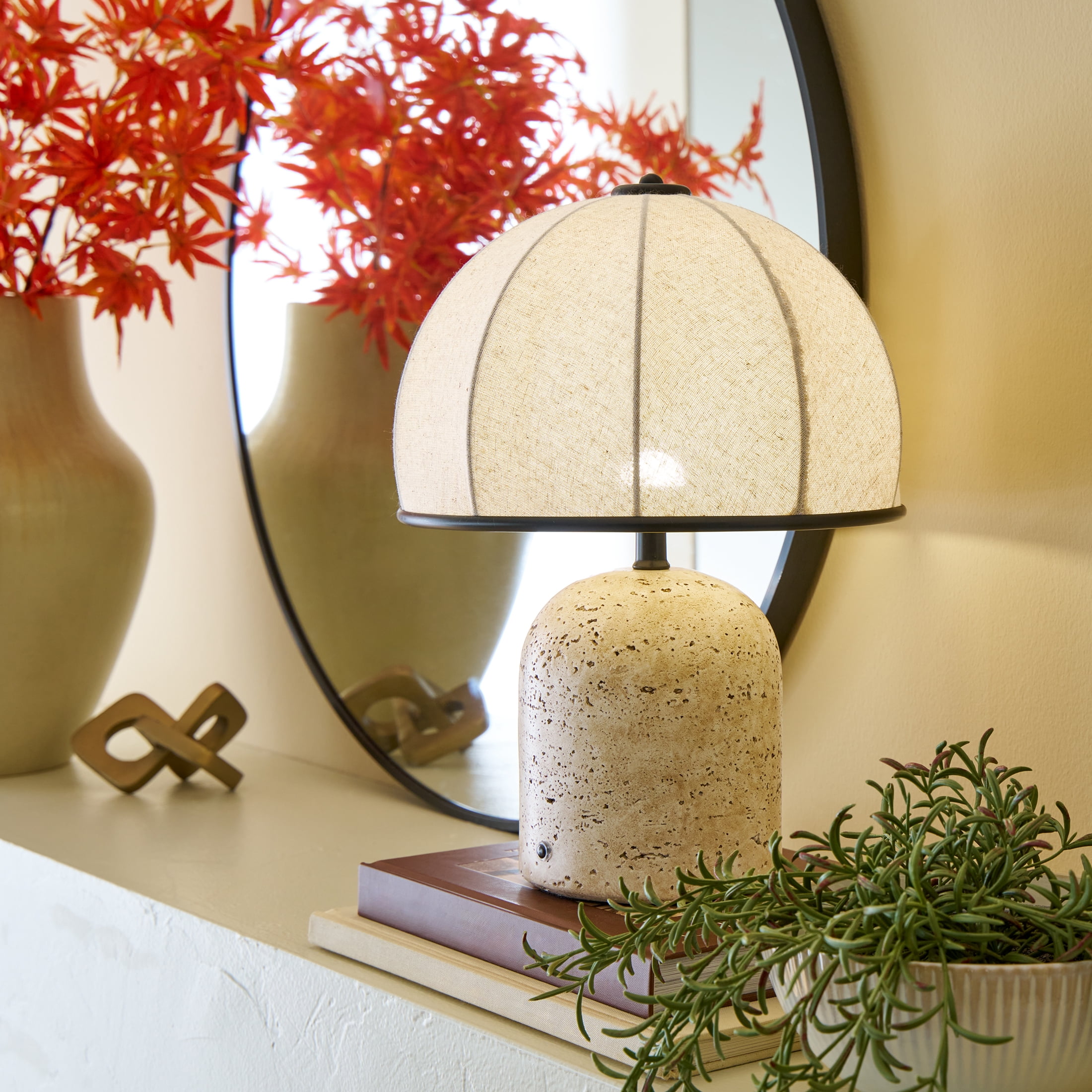 Better Homes & Gardens Rechargeable 14 in Stone Gourd Table Lamp with Fabric Dome Shade