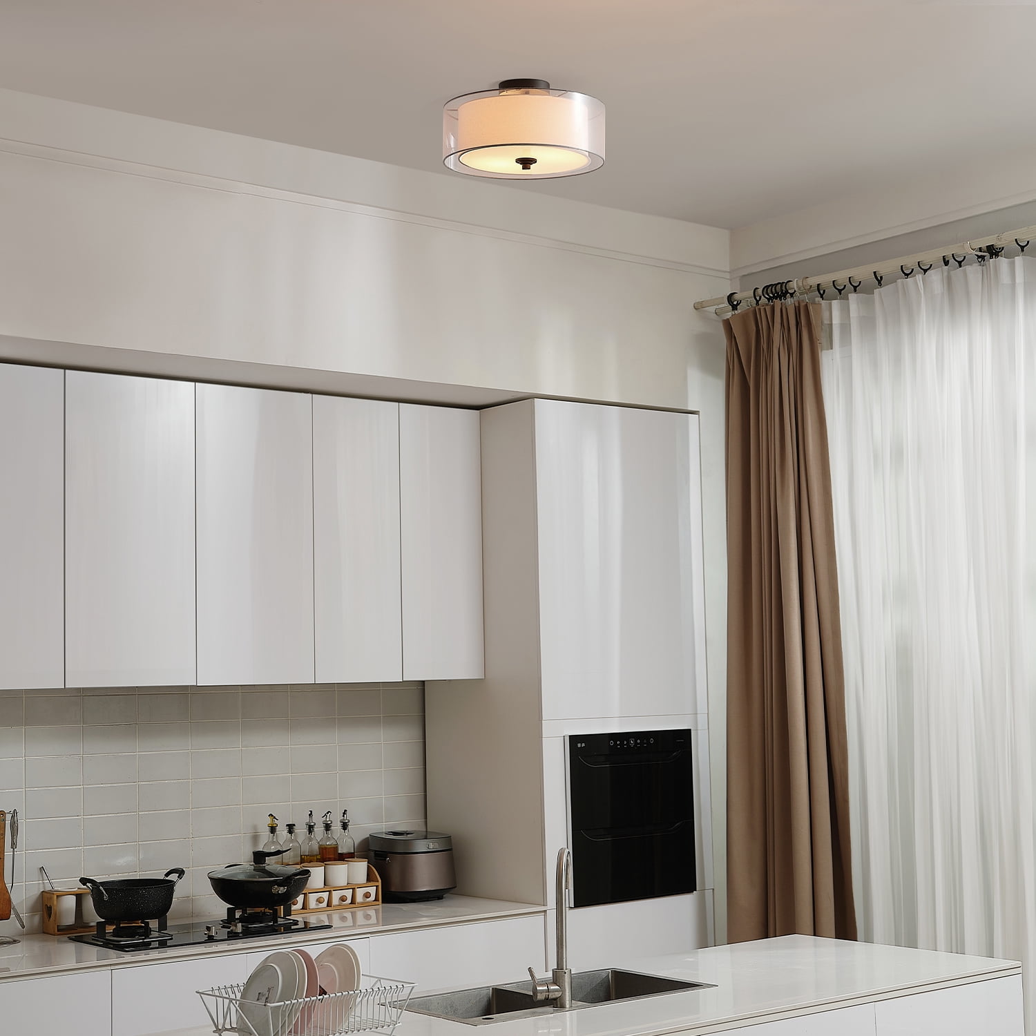 Globe Electric 2-Light Matte Black Indoor Semi-Flush Mount Ceiling Light, Linen and Organza Shade