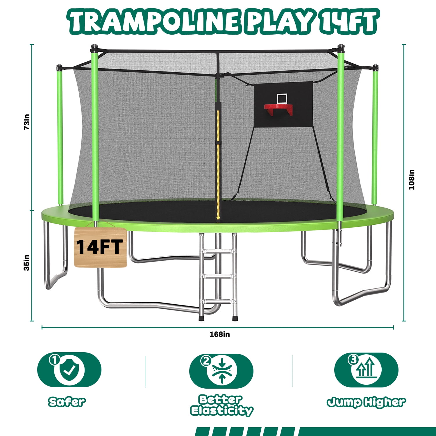 Leumius 14ft Trampoline for Kids and Adults,Heavy Duty Trampolines with Safety Enclosure Net for Outdoor/Indoor,Upgraded Round Recreational Trampolines with Basketball Hoop and Ladder,Green