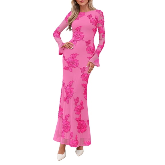 PRETTYGARDEN Women's Formal Floral Maxi Bodycon Dresses Ruffle Long Sleeve, Fall Winter Outfits for Wedding Guest, Homecoming & Cocktail, Slimming Mesh Dress with Lining