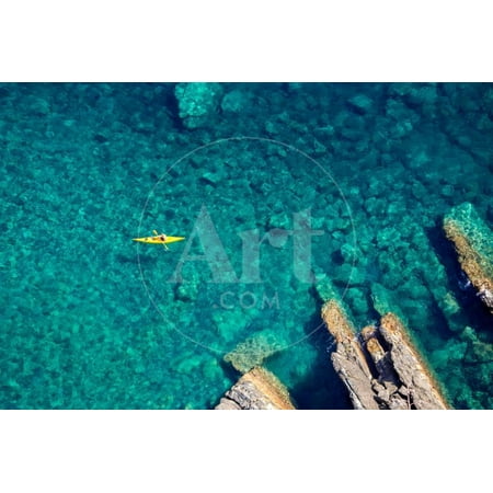 Top View of Kayak Boat Oin Shallow Turquoise Water of Ligurian Sea, Italy Print Wall Art By Mikhail