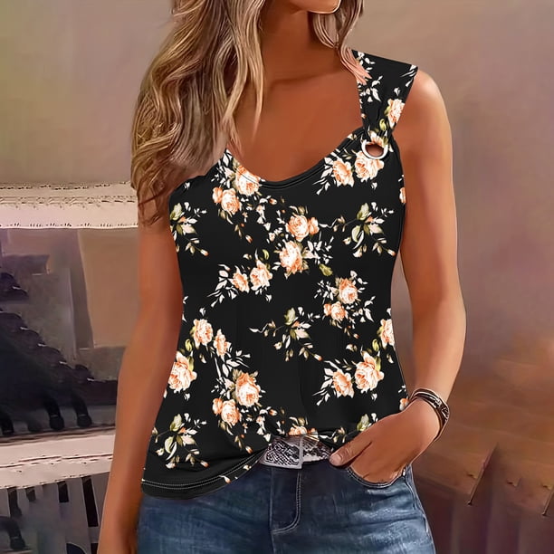 Puntoco Camiseta sin mangas con cuello cuadrado y estampado para mujer Camiseta holgada sin mangas