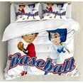 thumbnail image 1 of Kids Sports King Size Duvet Cover Set, Baseball Player Boys Pitching Champions Winner Olympics Competition, Decorative 3 Piece Bedding Set with 2 Pillow Shams, Cobalt Blue Red White, by Ambesonne, 1 of 3