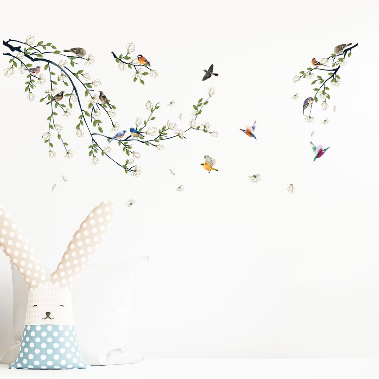 4 Sheets Magnolia Branches Wall Decals White Flowers Wall Stickers DIY Removable Colorful Birds Wall Sticker Petals Falling Home Decoration for Girls Bedroom Living Room Kitchen Bathroom TV Backgroun
