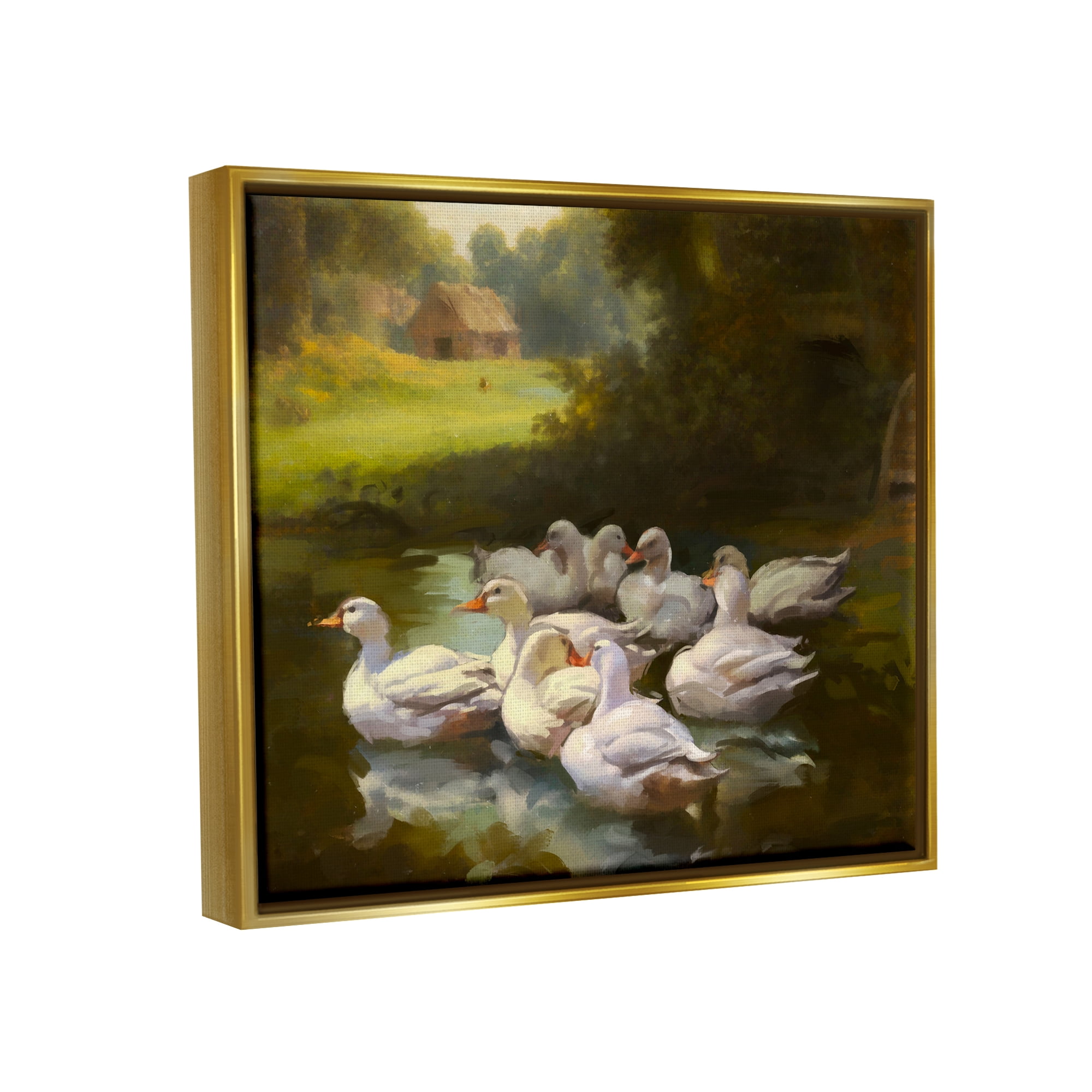 Stupell Industries Country Ducks in Pond Animals & Insects Painting Gold Floater Framed Canvas Art Print Wall Art, 21 x 17