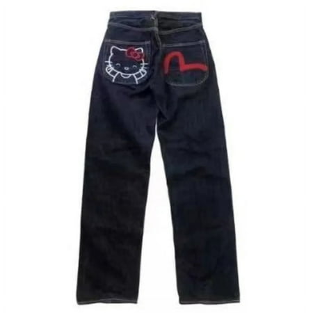 Fashion Brand Evisus Jeans For Women Cartoon Sanrio Hello Kitty Printed Denim Pants Vintage Hip Hop Straight Trousers Streetwear