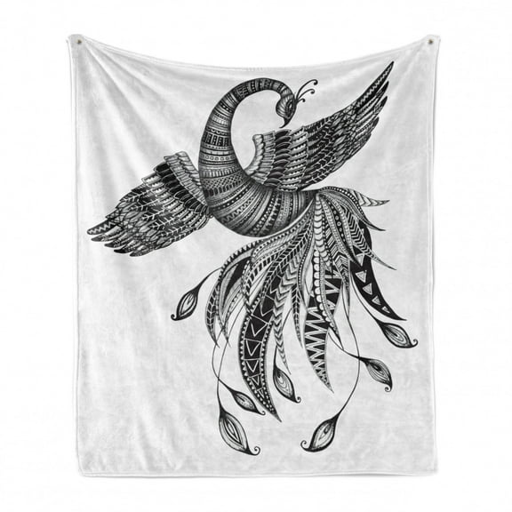 Phoenix Soft Flannel Fleece Throw Blanket, Boho Style Bird with Ornamental Folk Pattern, Cozy Plush for Indoor and Outdoor Use, 50" x 60", Black Grey White, by Ambesonne