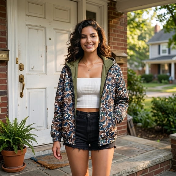 Women's Full Zip Hooded Windbreaker Jacket - Abstract Camo Print Lightweight Casual Coat with Pockets (Olive/Brown)
