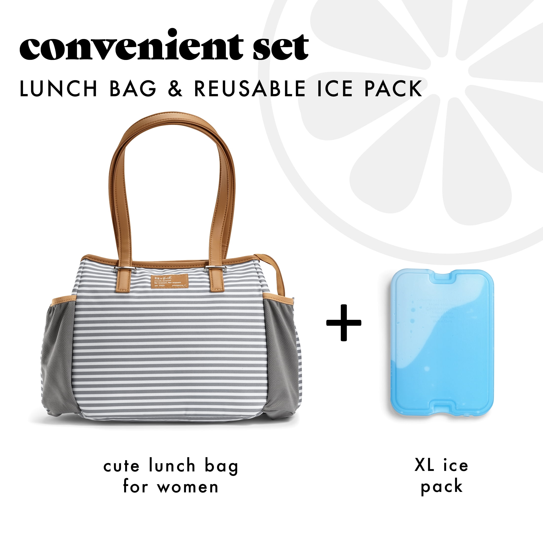 Fit & Fresh Copley Large Reusable Insulated Lunch Bag for Women with XL Slim Ice, in Thin Gray Stripe