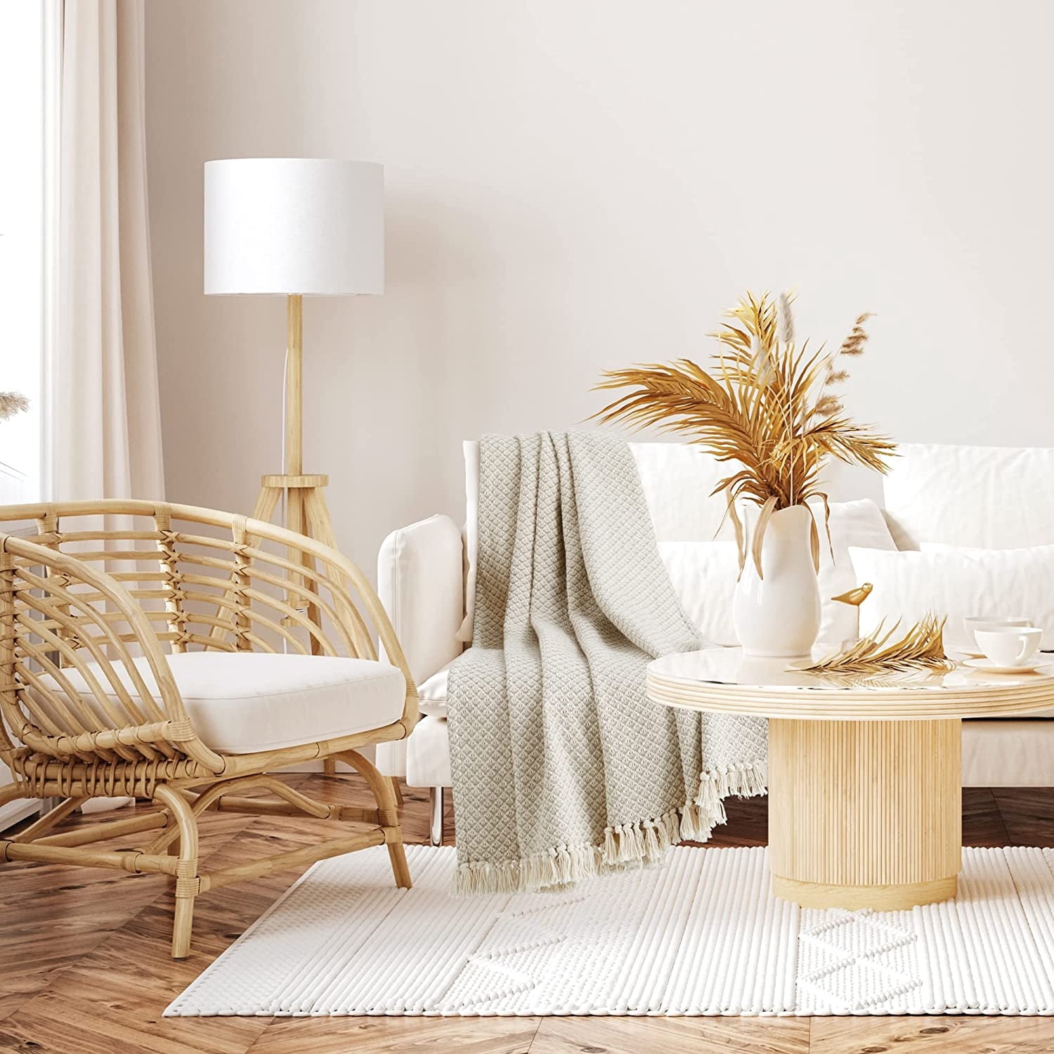 Americanflat 50x60 Throw Blanket, 100% Cotton with Fringe, Cream Beige Birds Eye, all seasons blanket