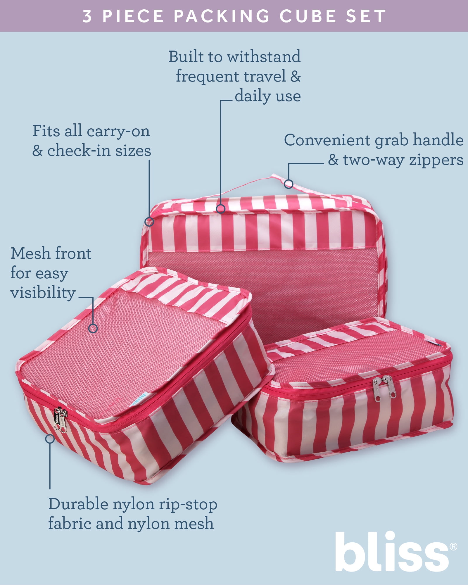 Bliss Packing Cubes for Travel - 3 Piece Compression Packing Cubes Travel Bags Organizer for Luggage