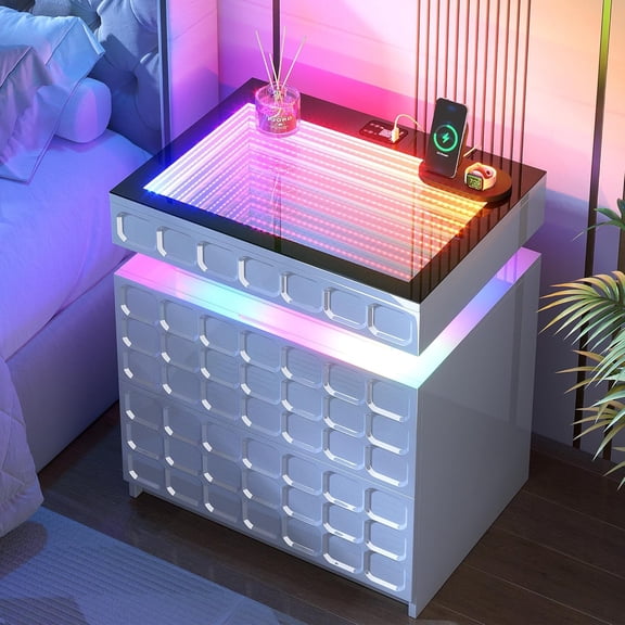 Night Stand with Charging Station and Smart RGB Lights, LED Nightstand with Hidden Storage and Sliding Tempered Glass Top, Modern Bedside Table with Drawers, Lockable End Side Table for Bedroom,White