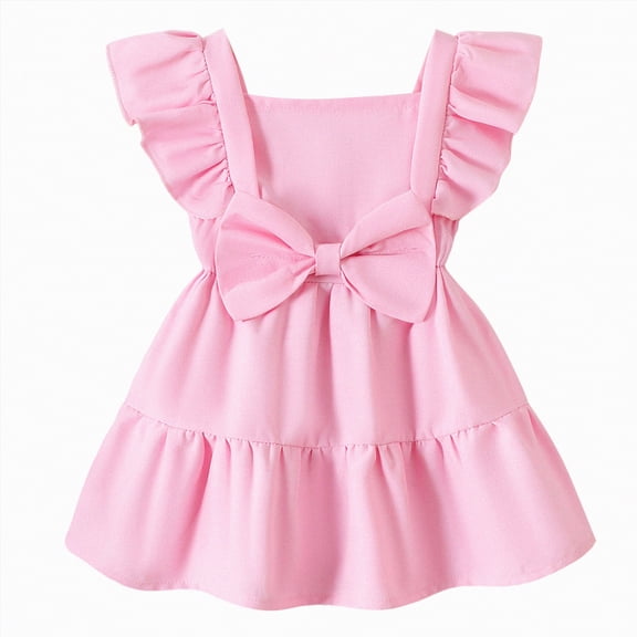 mgoYE Toddler Baby Girl Dress Flutter Ruffle Sleeveless Square Neck Bow Summer Boho Swing Dresses(Pink,12-18 Months)