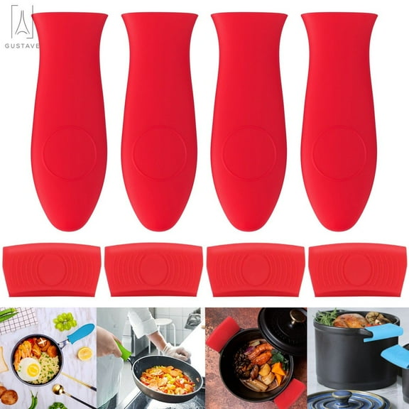 Gustave 8pcs Silicone Hot Handle Holder Rubber Pot Handles Cover Assist Pan Handle Heat Resistant Pot Sleeve Grip Cookware Handle for Frying Cast Iron Skillet Metal Pan, Red