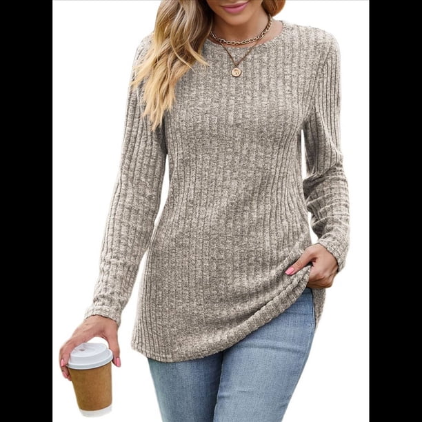 Blusas Elegantes e Informales de Larga para Mujer, Ropa Informal de Negocios, Suéteres Cálidos de Otoño. Caqui XXL