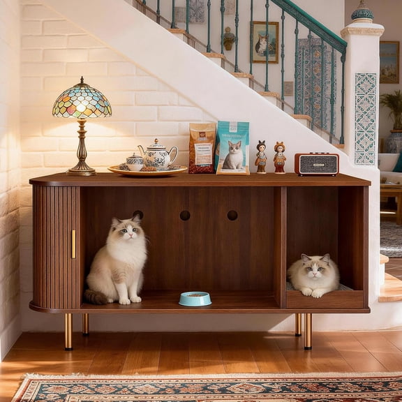 Cat Litter Box Enclosure with Scratch Pad, Sliding Door, 38.5" Cat Litter Furniture Hidden Litter Box Cabinet, Modern Indoor Cat House, TV Stand, Side End Table for Living Room(Walnut Brown)