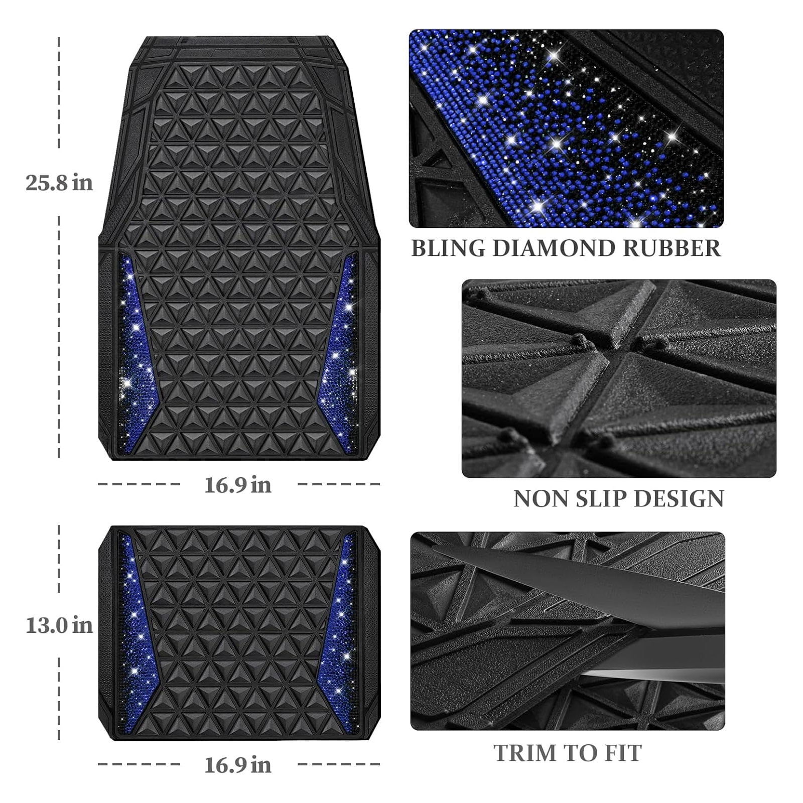CAR GRAND Bling diamond rubble automotive floor mats full set anti-slip water proof universal fit glitter crystal sparkly shining rhinestone girl woman lady femal Black blue