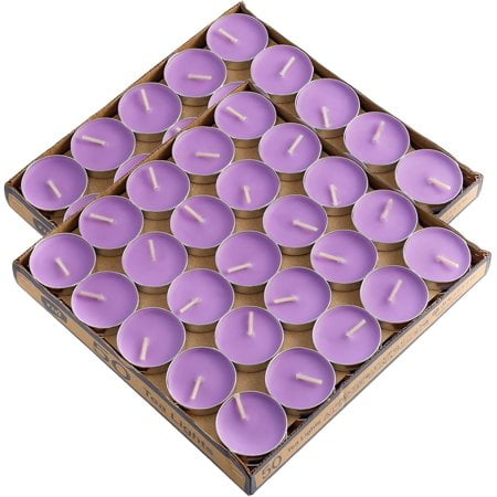 100 Pack Tea Lights - Smokeless, Unscented, Dripless & Long Lasting Mini Tealight Candles for Home, Weddings, Parties (Purple)
