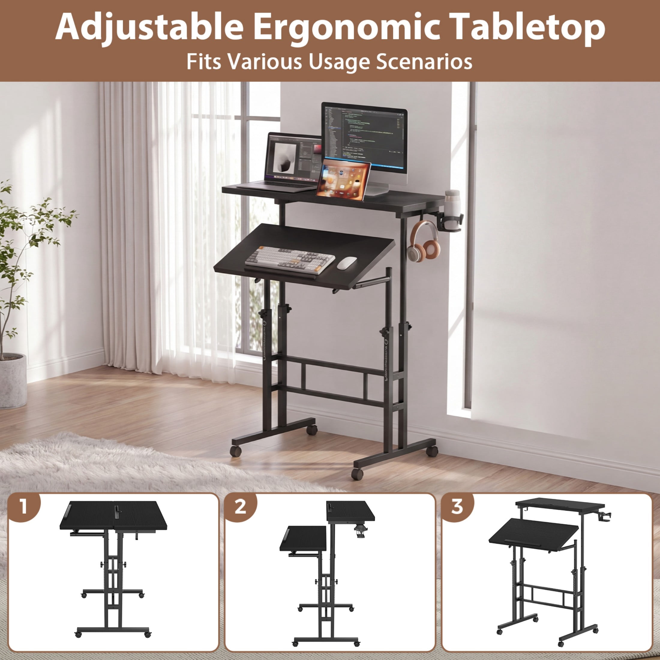 CONCETTA 23.6 inch Mobile Standing Desk, Adjustable Height Rolling Computer Desk for Home Office, Portable Treadmill Sit Stand Workstation, Black