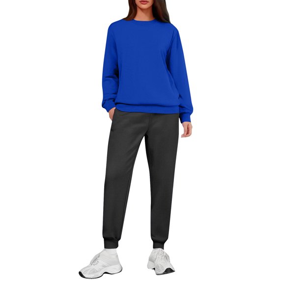 Women's Two-Piece Casual Suit, Solid Color Fleece-Lined Suit with Contrast Colors, Sweatpants with Pockets, Fashionable and Warm Outfit,Blue,L