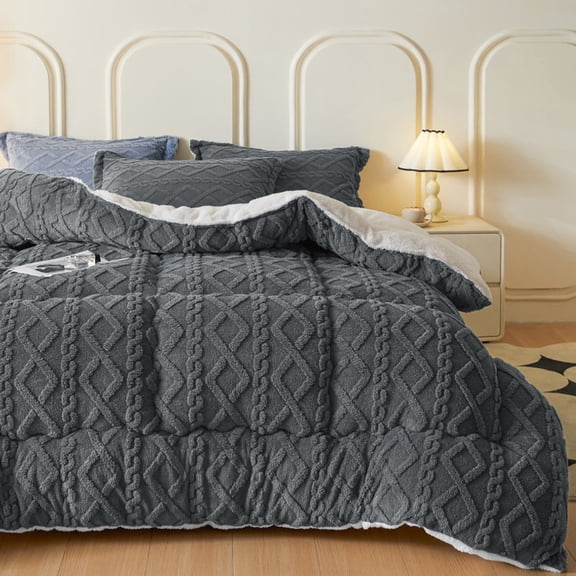 WOOW DEPOT Sherpa Reversible Queen Comforter, 1 PCS Heavy 7.5lbs Warm Cozy, Taffeta Quilted & Sheared Craft 3D Jacquard Blanket Machine Washable, Dark Gray