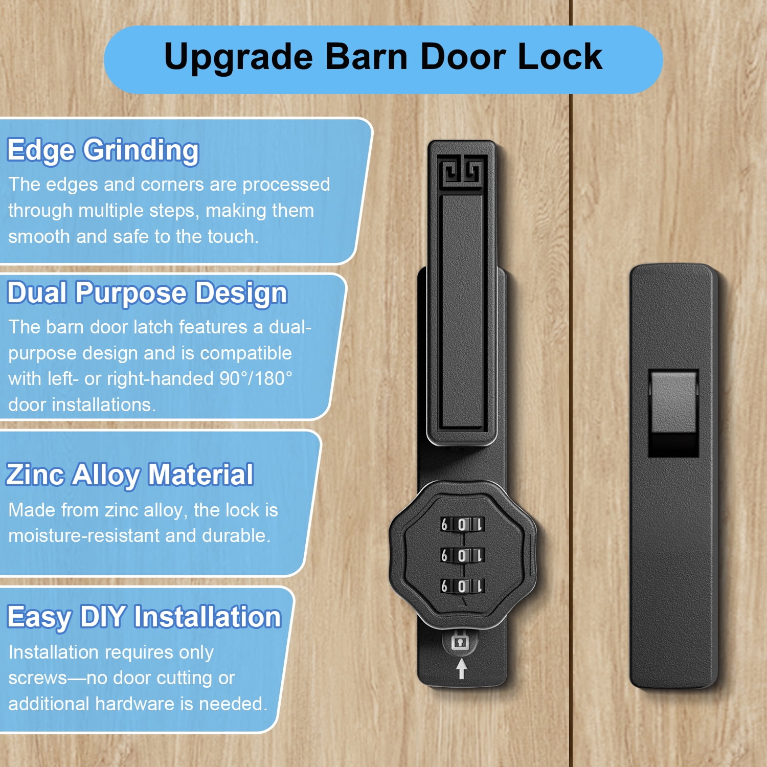 Barn Door Lock,90/180 Degree Flip Latch Gate Latches,Zinc Alloy Mechanical Combination Flip Latch for Barn Wood Sliding/Bifold French Shed Cabinet Window Bathroom Doors (Black,with 3-Digit Password)