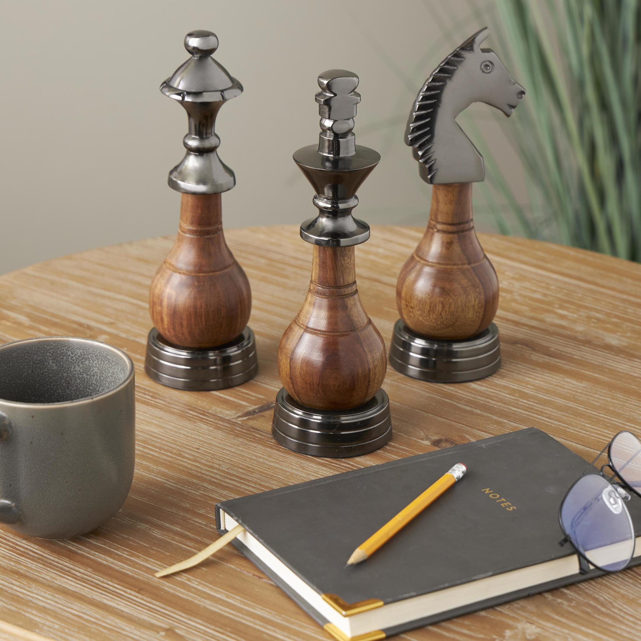 3"W, 9"H Dark Gray Aluminum Metal King, Queen, and Knight Chess Sculpture with Mango Wood Center, by DecMode (3 Count)