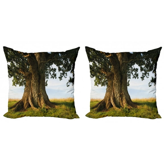 Ambesonne Tree Throw Pillow Cover 2 Pack, Majestic Oak Estonia Rural, 24", Cocoa Fern Green