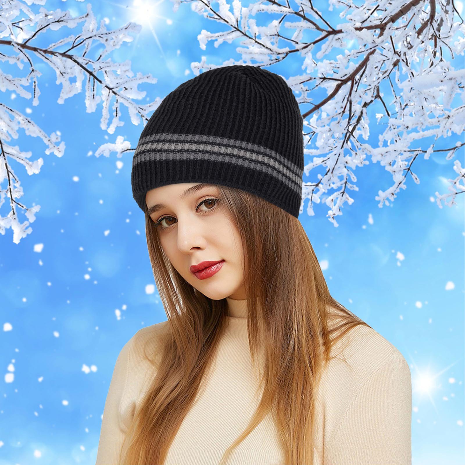 Unisex Adult Warm Fleece Lined Knit Beanie Hat Striped Printed Plush Fleece Winter Cap for Men And Women Soft Cold Weather Hat for Fall Winter Outdoor Casual Travel Daily Wear Black