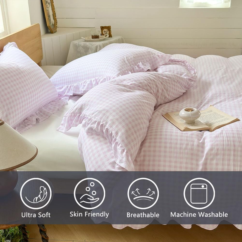 Pink Gingham Ruffle Duvet Cover King Size, 3 Pieces Soft Pre-Washed Microfiber Checked Plaid Comforter Cover Set, Vintage Farmhouse Bedding Set(Pink Gingham, King 104"x90")