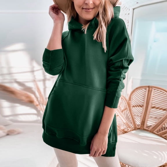Ladies Solid Color Thickened Slit Front Pocket Long Sleeve Hoodie Cowl Neck Side Slit Pockets Hoodie Hoodie Women with Pockets Tunic Length Jackets Long Jacket Women Womens Oversized Sweatshirts And