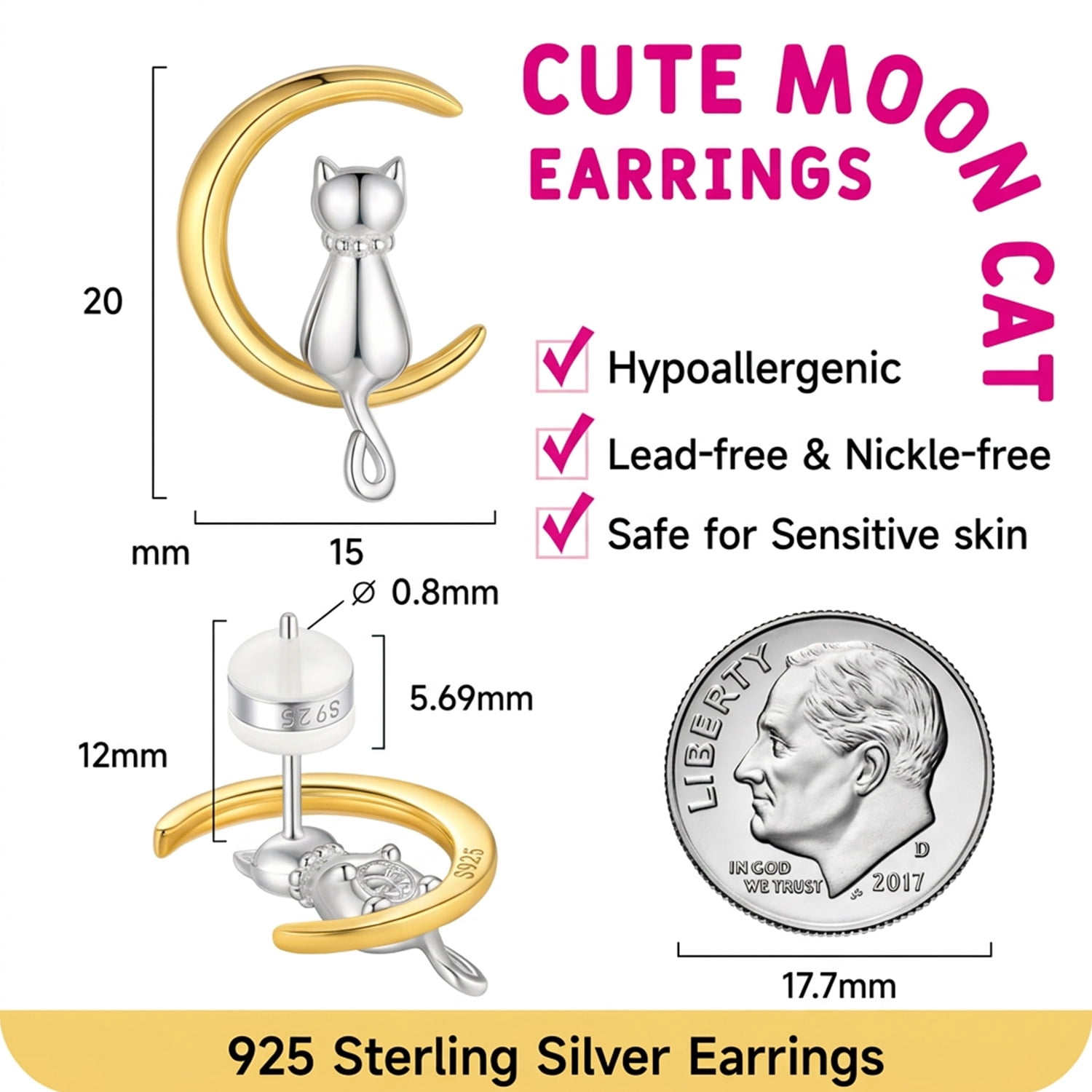 Just Being Cute Cat Moon Earrings for Women, Pure Sterling Silver Stud Earrings Birthday Graduation Mothers Day Jewelry Gifts for Mom/Her/Wife