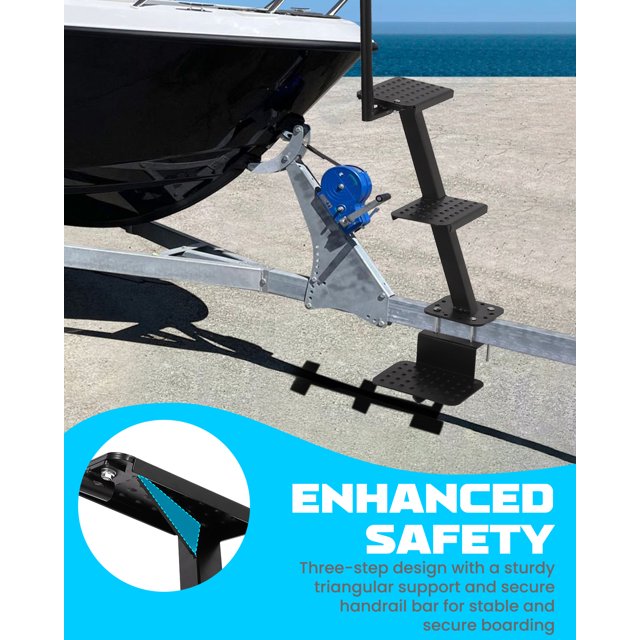 AKDSteel Boat Trailer Tongue Steps, Heavy Duty Boat Ladder With Handrail, Universal Fit For Bass Boat Or Pontoon Trailer, Non-Slip Safety Access Step, Adjustable Bracket, 400 Lb Capacity