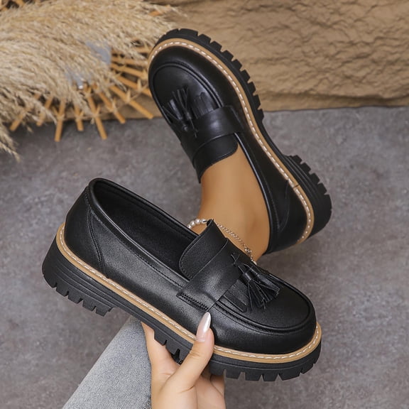 ZunFeo Womens Chunky Platform Loafers Slip On Tassel Shoes - Round Toe PU Faux Leather Comfort Lug Sole - Black, Sizes 5.5-9.5,Size 8.5