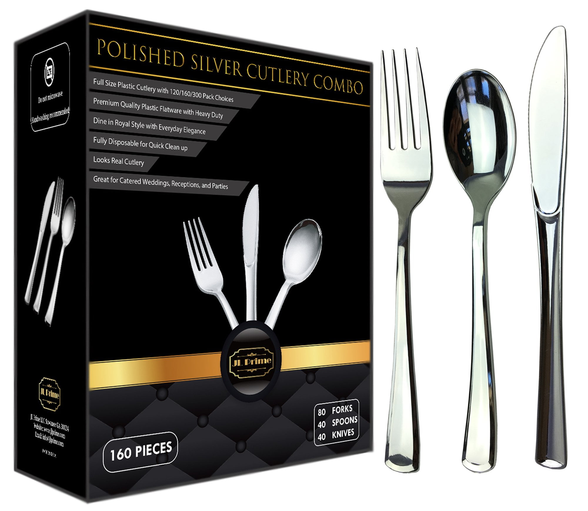 JL Prime 160 Silver Plastic Silverware Set, Silver Plastic Cutlery Set Heavy Duty Utensils for