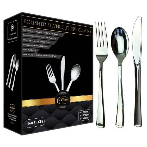 JL Prime 160 Silver Plastic Silverware Set, Silver Plastic Cutlery Set Heavy Duty Utensils for ...