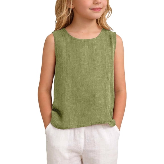 Fgnfyis Shirts for Girls Summer Sleeveless Round Neck Casual Beach Blouse for Toddlers and Kids Girl Tank Tops Army Green_001 13-14 Years