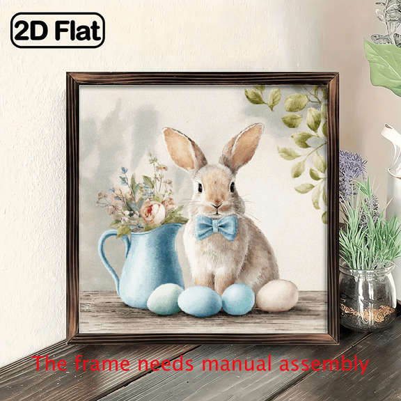 1pc Vintage Bunny with Easter Eggs Wood Framed Wall Sign - 8x8 Inch Rustic Spring Decor, Wood Easter Bunny Art with Egg Hunt Scene for, Mantel, or Table Setting - Country Charm Decoration Gift