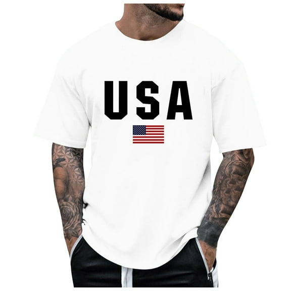 Caqnni American Flag T Shirt for Men Casual Plus Size Patriotic Short Sleeve Crew Neck Summer Tee Retro Tops Mens T Shirt(White,XL)