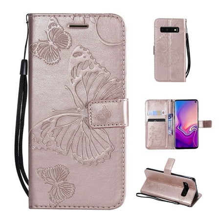 Orange Embossed Leather Samsung Galaxy S10 Plus Wallet Case, Dteck Embossed Butterfly Flip PU Leather Folio Stand Case Cover Built-in Card Slots & Money Pocket, with wrist Strap, For Samsung Galaxy S10+, Rosegold ()