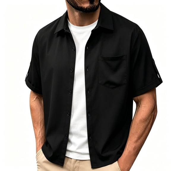LODIENY Adjustable Short Sleeve Button Down Shirts for Men with Pocket Collared Basic Casual Summer Beach Shirt Black XL