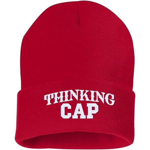 StickerDad® Thinking Cap Cuffed Embroidered Beanie Hat (Color: Red w/White Thread) Embroidered, Winter Cuffed Beanie