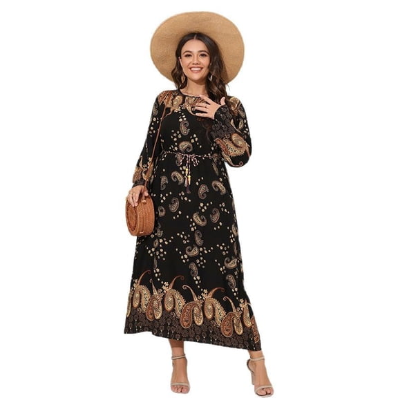 AURA Plus Size Printed Maxi Dress Long Sleeve Crewneck A Line Loose Fit Comfortable Summer Modest Long Dress for Women