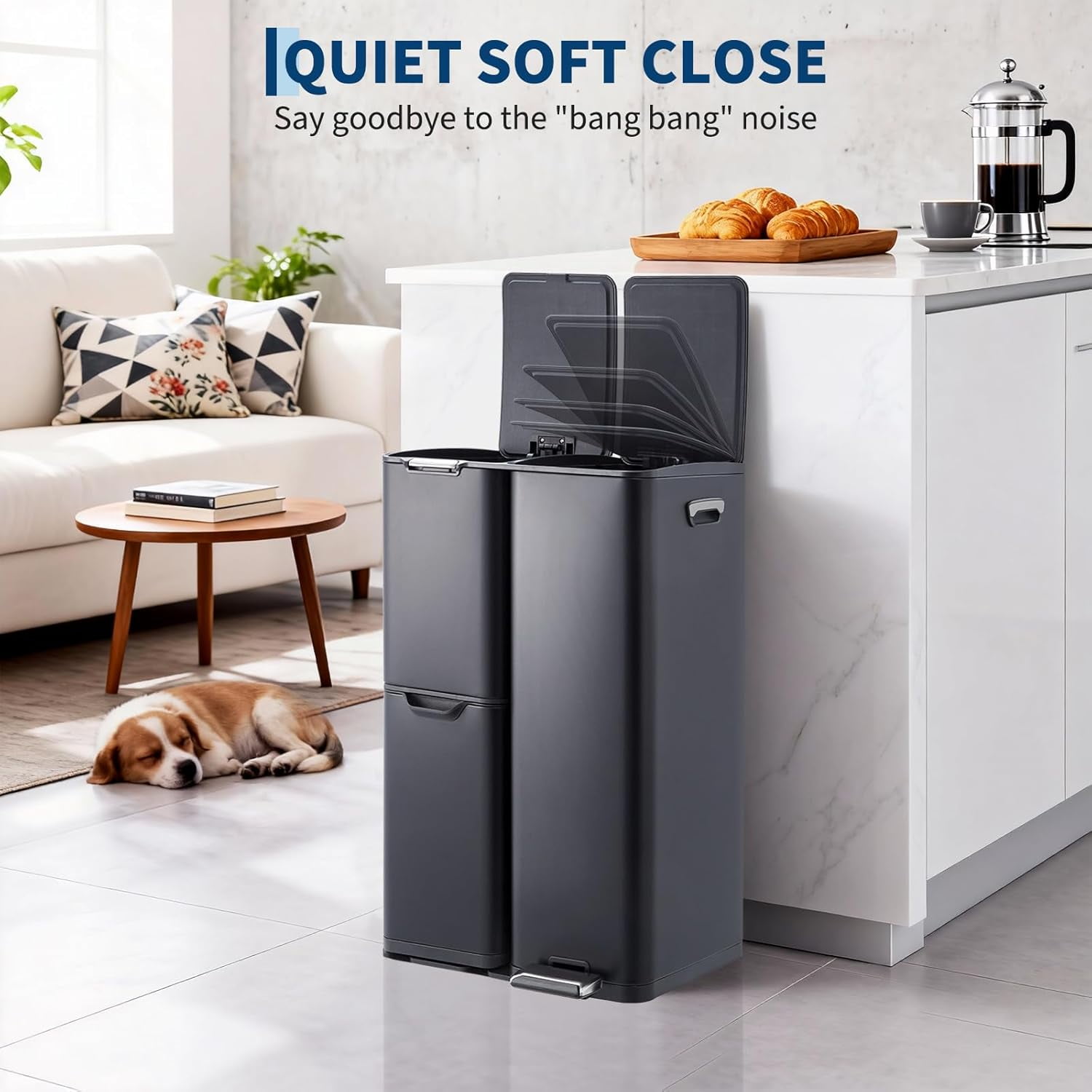 16 Gal Kitchen Triple Compartment Trash Can，Stainless Steel Garbage Can with Soft-Close Lid and Foot Pedal,for Recycling and Waste for Bathroom Home Office,Black