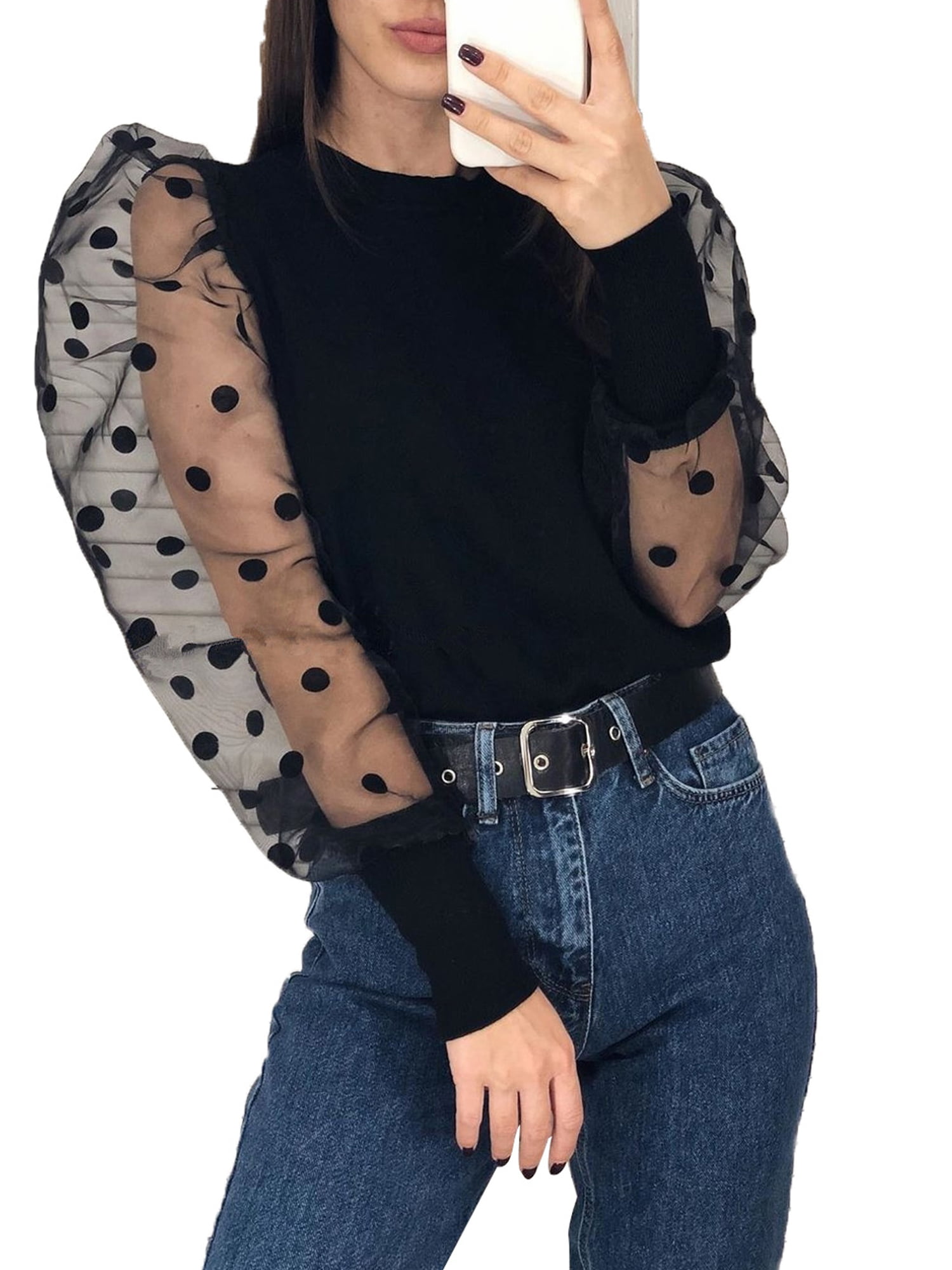 NEW Women Irregular Single Sleeve Oblique Shoulder Polka Dot Print Casual Tops