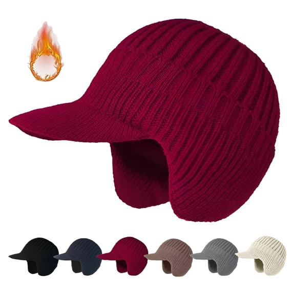 TELOLY Beanie, Winter Beanie with Brim, Men Warm Ear Protection Knitted Hat
