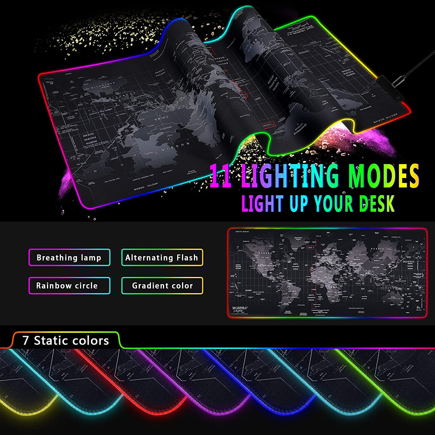 World Map RGB Gaming Mouse Pad Water Resistance Ultra Bright LED Light&Soft Large Extended Mousepad with 12 Lighting Rainbow Modes 31.5 X12 inch Non-Slip Rubber Base Keyboard Pad Mat 