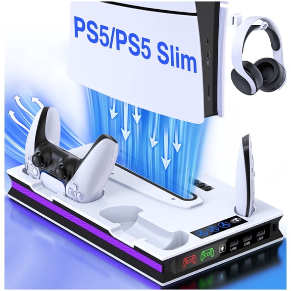 QQV PS5 Cooling Stand with Fast Charging & LED Indicators for 2023 PS5 Slim & 2020 Digital/Disc Console
