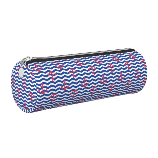 Easygdp Nautical Anchors para Estuche de Lápices Cilíndrico de Cuero con Cremallera, Organizador de Lápices de Cuero para Escuela, Oficina y Viajes